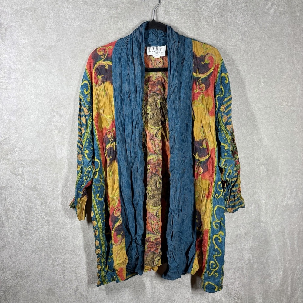 VTG 90s Boho Crinkle Kimono Cardigan Size 16 Eclectic Colorful Art Teachercore